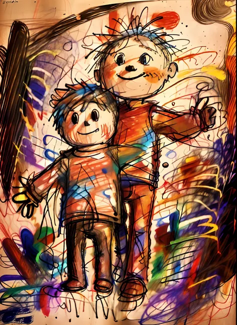 graffiti of grandfather and grandson,grandson is 3 years old、 scribble,grandfather is hugging his grandson、portlate、caring smile...