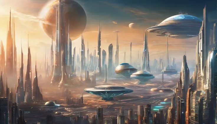 The metropolis of the future, many kilometers of spires rushing upwards;.