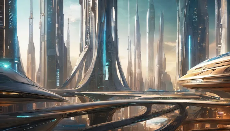 The metropolis of the future, many kilometers of spires rushing upwards;.