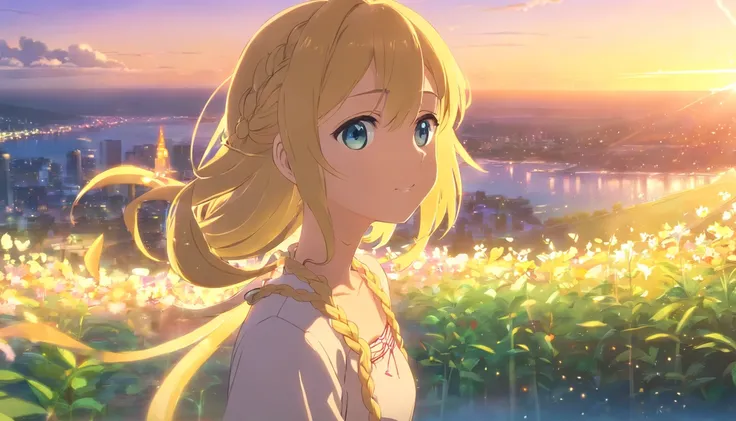 best quality, masterpiece, extremely detailed, detailed background, 1girl, solo, yellow hair, blue eyes, braid, long hair, wavy hair, fluffy hair, ponytail, french braid, blush, smile, capelet, lace trim, bodice, sunset, dusk, scenery, high place, horizon,...