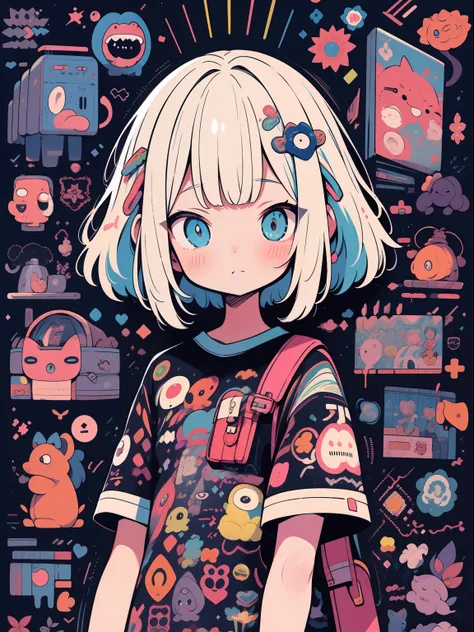 alta qualidade、Paleta de cores neon、High-level image quality、kawaii menina、Unprecedented number of draws、Estilo anime、Geometric pattern background、estilo de adesivo、short hair、cabelos escuros、olhos castanhos, Menhera, titles, roupas largas, Camiseta Baggy,...