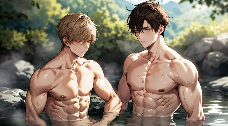 2boy, Naked, completly , Muscular, Handsome, En plein air, bathing with steam, hot onsen, Onsen, Sweat,  view the viewer, Depth of field, Bokeh,  Detailed background, Detailed lighting, diffused natural sunlight, diffused natural skin glow, symetrical eyes