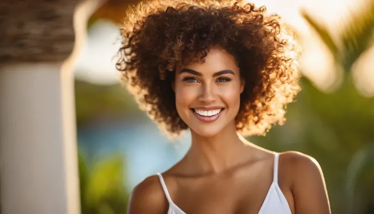 REALISTIC POTRAIT OF A WOMEN SHOT WITH TILT SHIFT LENS , TAHITI ISALAND WOMEN, CURVY BUT FIT WOMEN , CURLY HAIRS , SHINY SKINS , BEAUTIFUL EYES , FASHION PATTERN BIKINI, BIKINI POSE , GOLDENHOUR LIGHTING , WHITE TEETH SMILING