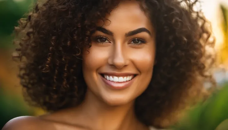 REALISTIC POTRAIT OF A WOMEN SHOT WITH TILT SHIFT LENS , TAHITI ISALAND WOMEN, CURVY BUT FIT WOMEN , CURLY HAIRS , SHINY SKINS , BEAUTIFUL EYES , FASHION PATTERN BIKINI, BIKINI POSE , GOLDENHOUR LIGHTING , WHITE TEETH SMILING