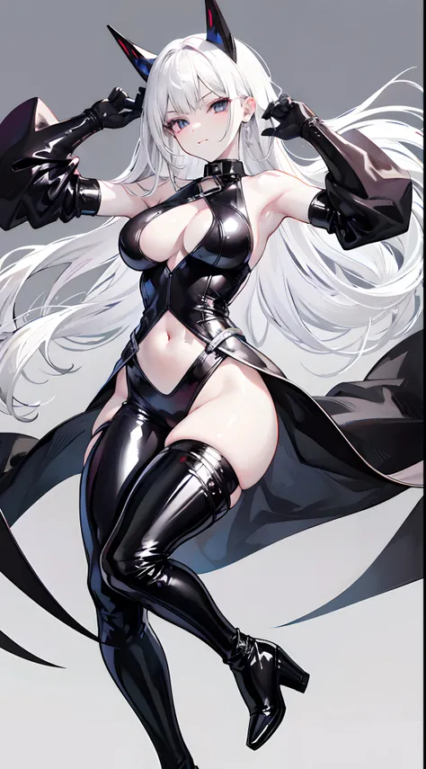 White hair，Black colored eyes，Pale skin，latex glove，Latex leather pants，Black high-heeled boots，smug expression，Crossed waist with one hand，angelicales，Expose the armpits，Shoulders exposed，exposing your navel，exposing thighs