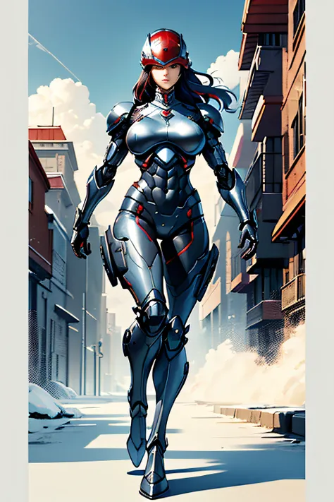 arafe female robocop solo、Big breasts about to burst、full body armored、Red and silver armor、thin and long legs,、Long metallic blue hair、Fitness Body Shape、Helmet with visor to cover the eye area、Pose ready to fight、