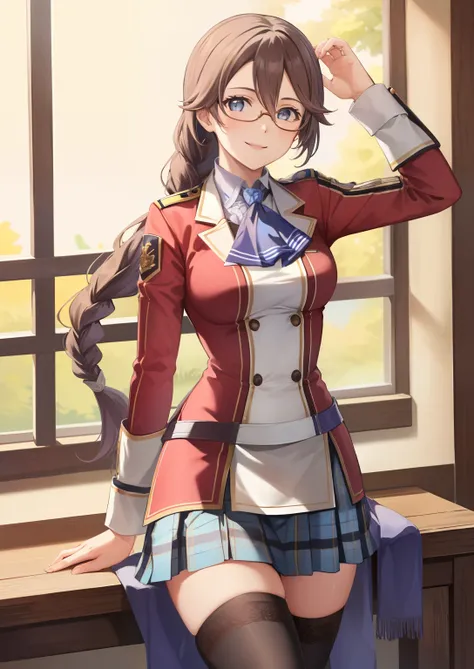 (masterpiece, best quality, emma millstein, glasses, braided ponytail,blue ascot, school uniform, plaid skirt, black thigh-highs, cowboy shot, smiling)