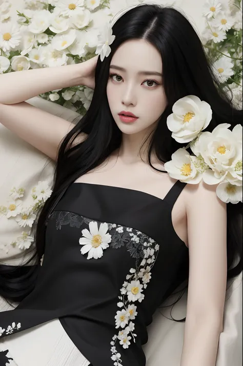 A woman with long black hair and white flowers in her hair is lying down in a field of white flowers., (Amy Seoul:0.248), (Stanley Artgerm Lau:0.106), (Detailed drawings:0.353), (gothic art:0.106)