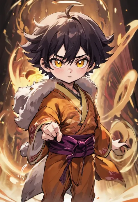 a cool，Move ki，20代の男性，With manly black hair，short-haired，big ears，The body is covered with fur，Torn kimono，Decorative collar，tusk，yellow  eyes，sharp big eyes，Rampaging figure，battleing，furred，Muscular masterpieces、well-muscled，Disheveled clothes，top-qualit...