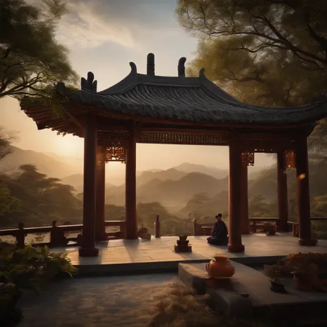 Quaint Han Dynasty style temple，Monks meditate in front of the monastery（closeup cleavage），Sit down and meditate，Practice Zen，pagoda，grassy，tree，florals，The bird，Autumn view，the setting sun，chinse landscape，（8k wallpaper），（light and shadow effect），White ba...