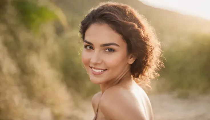 REALISTIC POTRAIT OF A WOMEN SHOT WITH TILT SHIFT LENS , TAHITI ISALAND WOMEN, CURVY BUT FIT WOMEN , CURLY HAIRS , SHINY SKINS , BEAUTIFUL EYES , FASHION PATTERN BIKINI, BIKINI POSE , GOLDENHOUR LIGHTING , WHITE TEETH SMILING , FULL POSE