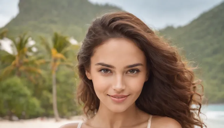 REALISTIC POTRAIT OF A WOMEN SHOT WITH TILT SHIFT LENS , TAHITI ISALAND WOMEN, CURVY BUT FIT WOMEN , CURLY HAIRS , SHINY SKINS , BEAUTIFUL EYES , FASHION PATTERN BIKINI, BIKINI POSE , GOLDENHOUR LIGHTING , WHITE TEETH SMILING , FULL POSE