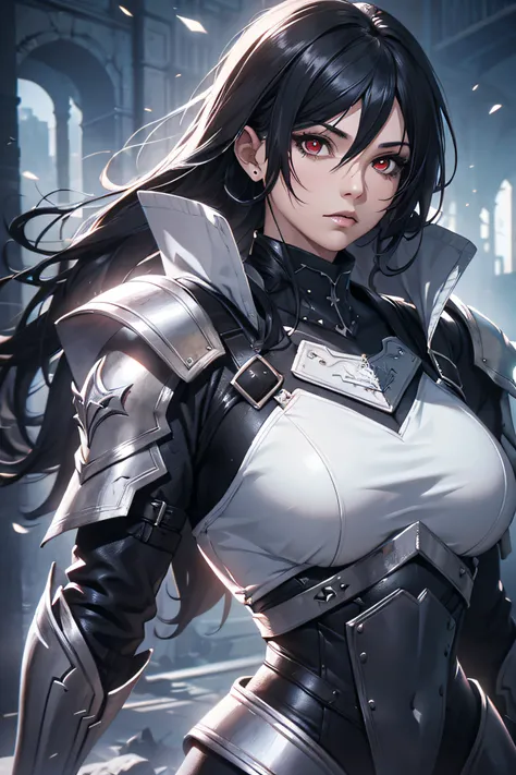 woman, solo, antagonist, dark style, (red eyes), ((black hair)), hair side, mullet, ((black armor)), (white silver outfit), hdr, uhd, masterpiece, unreal engine, photorealistic, epic cinematic, digital art, perfect