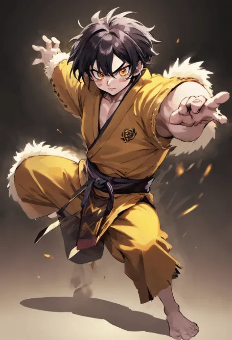 a cool，Move ki，20代の男性，With manly black hair，short-haired，big earing，the body is covered with fur，ape，Torn kimono，ripped clothing，tusk，yellow  eyes，sharp big eyes，Rampaging figure，battleing，furred，Muscular masterpieces、well-muscled，Disheveled clothes，top-qu...