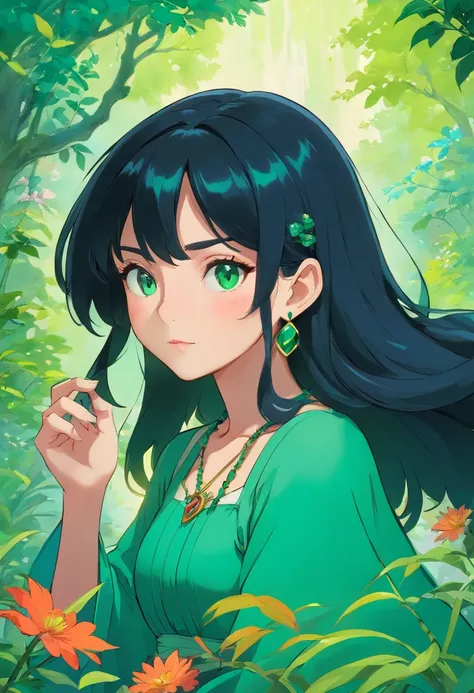 a beautiful witch woman with a black hair, 8k wearing Emerald green dressed , a long necklace and earrings, in the style of tranquil gardenscapes, colorful animation stills, masami teraoka, aquamarine, paul gauguin, Embry style, honest portrayal