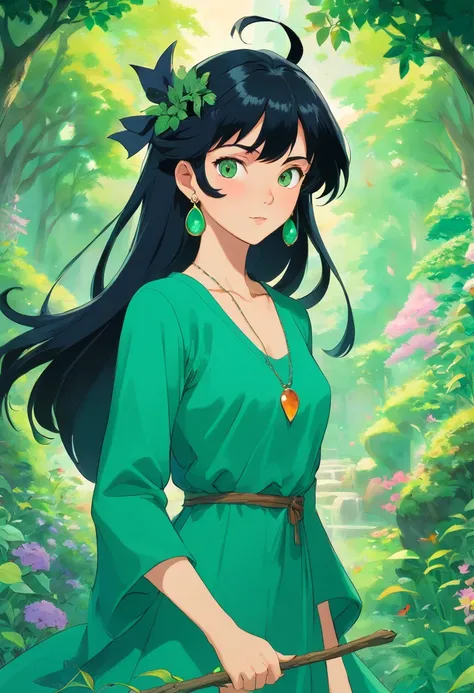 a beautiful witch woman with a black hair, 8k wearing Emerald green dressed , a long necklace and earrings, in the style of tranquil gardenscapes, colorful animation stills, masami teraoka, aquamarine, paul gauguin, Embry style, honest portrayal