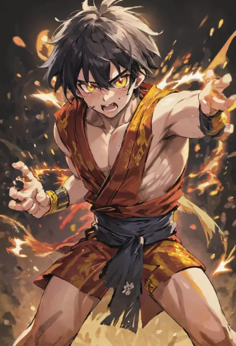 a cool，Move ki，20代の男性，With manly black hair，short-haired，big earing，The whole body is covered with hairs，ape，Torn kimono，ripped clothing，tusk，yellow  eyes，sharp big eyes，Rampaging figure，battleing，furred，Muscular masterpieces、well-muscled，Disheveled clothe...