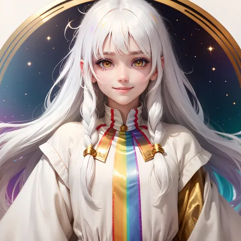 best quality, white hair, gold eyes, rainbow clothes, looking up, upper body, hair strand, Fair skin, smiling