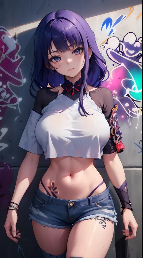 Kujou Sara Genshin Effect, masterpiece, bestquality, 1girls, bara, crop top, shorts jeans, choker, (Graffiti:1.5), color splashes, arm behind back, against wall, looking at the audience, bracelet, Thigh strap, Head tilt, bored, multicolored hair, water eye...