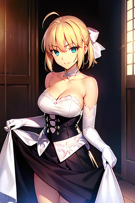 takashi takeuchi,artorian pendragon \(fate\), saber,1girl in, :d, ahoge, blonde hair, naughty big、large full breasts、 choker, cl...