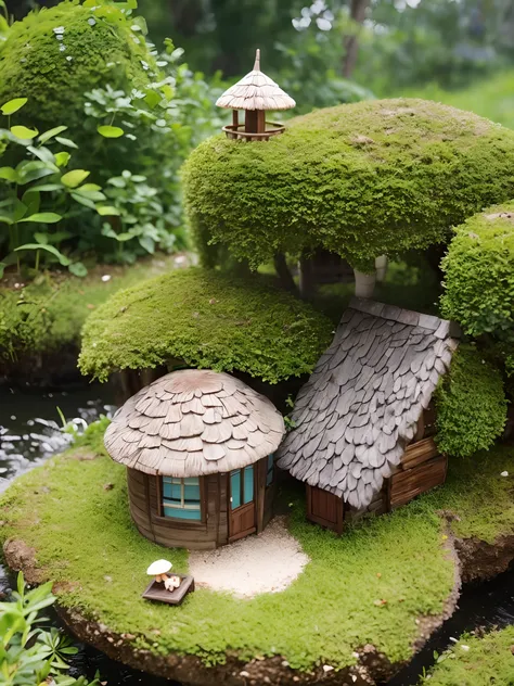 miniature mushroom house, island, lake,