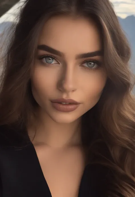 Arafed woman with black clothes, fille sexy aux yeux bruns, Portrait Sophie Mudd, cheveux bruns et grands yeux, selfie of a young woman, Yeux de chambre, Violet Myers, sans maquillage, maquillage naturel, looking straight at camera, Visage avec Artgram, Ma...