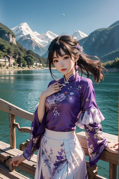 Chinese beauty in purple，Refined looks，Fairy air fluttering，The gauze skirt flew up，Take photos by the lake，ultra-realistic realism，color field printing，high detal，hyper HD，anatomy correct，cinematic lighting 4d quality