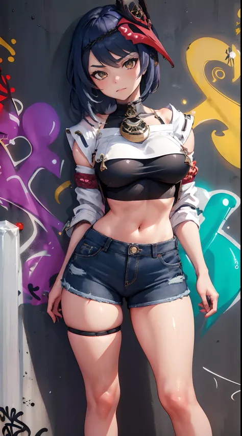 Kujou Sara Genshin Effect, masterpiece, bestquality, 1girls, oversized breasts, bara, crop top, shorts jeans, choker, (Graffiti:1.5), Splash with purple lightning pattern., arm behind back, against wall, View viewers from the front., Thigh strap, Head tilt...