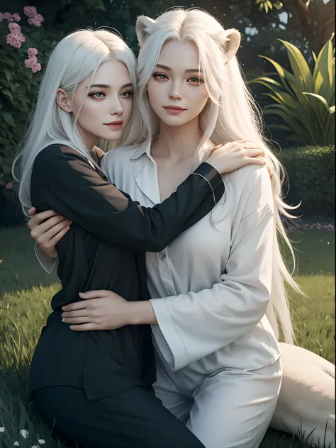 an illustration featuring a woman in black pajamas with distinctive white hair and mesmerizing red eyes, expressing pure joy while embracing a lion in a serene garden with lush green grass. Develop this artwork in Full HD, giving it a cinematic touch.