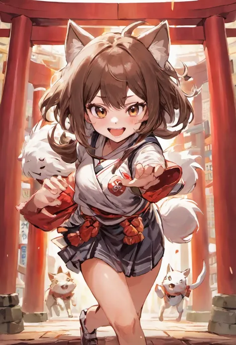 kawaii，a smile，Girl in her 18s，Brown hair，Medium hair，High school students，woman，sano，smil，top-quality、(illustratio)、Background of Japan Shrine，big-eyed，Little White Wolf，kawaii，Fusafusa