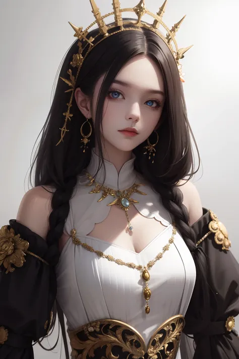 (absurderes, A high resolution, Ultra detailed), 1girll, Solo, mature, baroque, Long dress, longer sleeves, elegant, Colorful, highest details, Upper body, masterpiec, Majestic, Calm face, The head is slightly tilted, Colorful eyes, Long hair