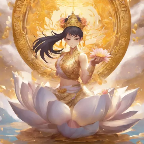 A golden water lily, lotus petals, radiating golden light, Lotus, with lotus flowers, glowing golden aura, a golden halo, soft golden light, glowing delicate flower, lotuses, gold ethereal light, gold flowers, sitting on a lotus flower, gilded lotus prince...