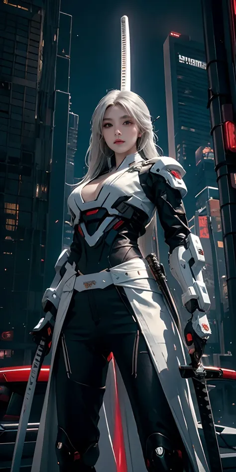 photorealistic, high resolution, soft light,1women, solo, hips up, (detailed face), white long hair, cybersamurai, cyborg, cyberpunk,  cyber armor, holding weapon,glowing,katana, city at night