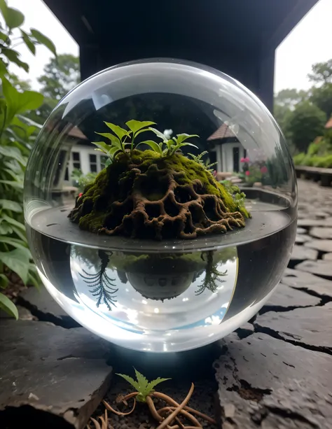 a detailed and intriguing scene showcasing a creature encapsulated within a transparent glass orb