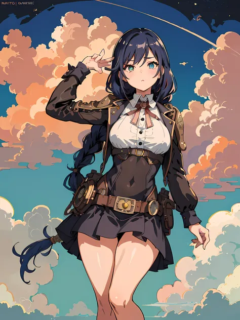 (best quality, masterpiece), official art, illustration, ligne claire, highres, absurdres, ultra-detailed, 8k, (in the air), (above the cloud:1.3), 1girl, blue and violett hair, long hair, braids, steampunk, gears, skirt, colorful steampunk outfit, cutout ...