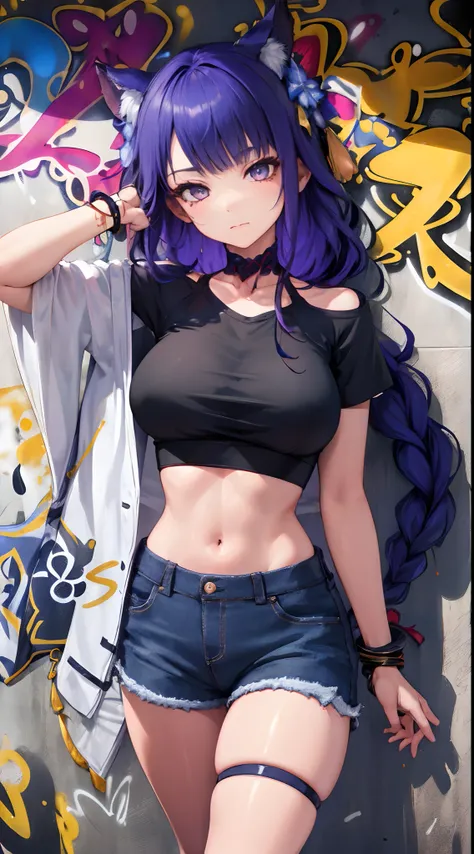 Kujou Sara Genshin Effect, masterpiece, bestquality, 1girls, bara, crop top, Long Jean Jan Shirt, shorts jeans, choker, (Graffiti:1.5), color splashes, arm behind back, against wall, looking at the audience, bracelet, Thigh strap, Head tilt, bored, multico...