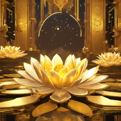 A golden water lily, lotus petals, radiating golden light, Lotus, with lotus flowers, glowing golden aura, a golden halo, soft golden light, glowing delicate flower, lotuses, gold ethereal light, gold flowers, sitting on a lotus flower, gilded lotus prince...