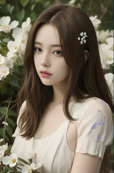 (oil painting:1.5),  A woman with long light brown hair and white flowers in her hair lies in a field of white flowers.., (Amy Soul:0.248), (Stanley Artgerm Lau:0.106), (Detailed drawings:0.353), (gothic art:0.106)