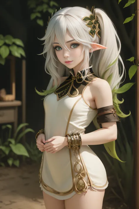 adult girl standing and looking at the camera, pixie, elf ears, beautiful elven ears, the girl stood in a popular pose, long hai...