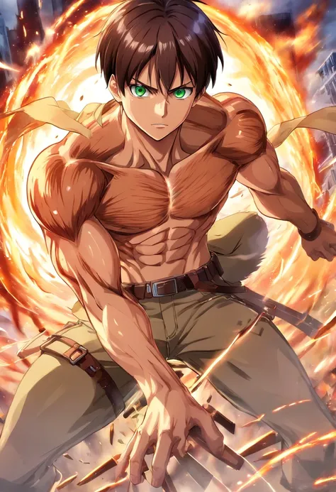 "Generate a digital illustration of Eren Yeager from the Attack on Titan series, showcasing his transformation and evolution throughout the story. Start with his appearance as a young and determined Survey Corps member, wearing the iconic Survey Corps unif...