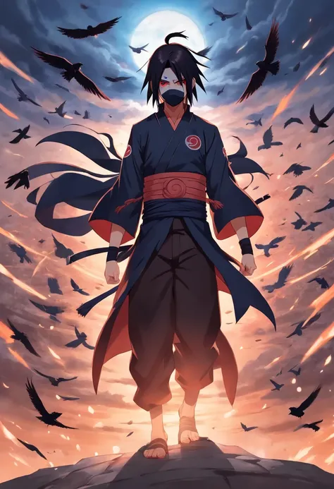 "Generate a digital illustration that captures the enigmatic and complex character of Itachi Uchiha from the Naruto series. Begin with Itachis appearance as a young and stoic member of the Uchiha clan, wearing the traditional Uchiha attire with the clans c...