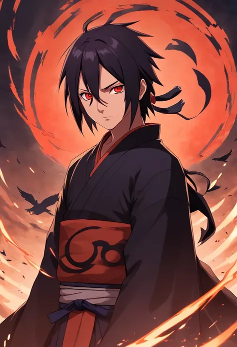 "Generate a digital illustration that captures the enigmatic and complex character of Itachi Uchiha from the Naruto series. Begin with Itachis appearance as a young and stoic member of the Uchiha clan, wearing the traditional Uchiha attire with the clans c...