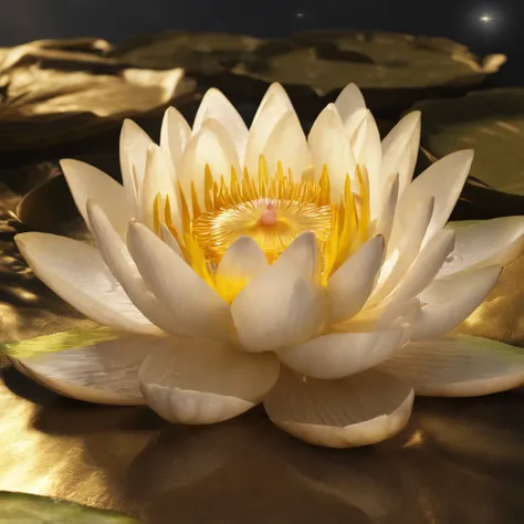 A golden water lily, lotus petals, radiating golden light, Lotus, with lotus flowers, glowing golden aura, a golden halo, soft golden light, glowing delicate flower, lotuses, gold ethereal light, gold flowers, sitting on a lotus flower, gilded lotus prince...