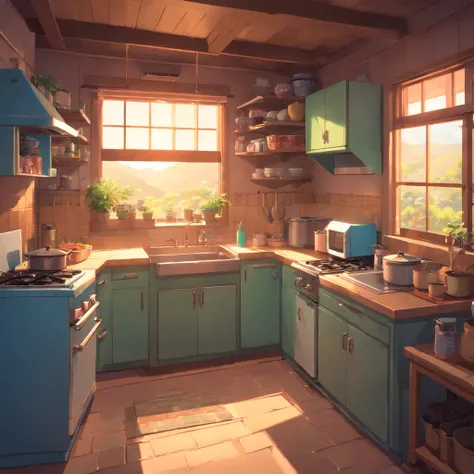 Isometric visualization of game art in the kitchen of a village house of horrors at dusk,rice cooker，refrigerator，microwave oven，cranny，Cabinet clearance,Details， 4k， K HD， hiquality