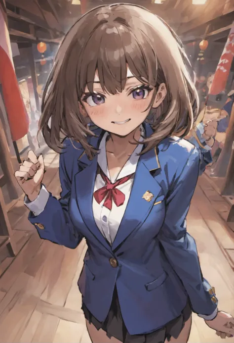 kawaii，a smile，18s Girl，Brown hair，Medium Hair，High school students，female high-school student，校服，Blue Blazer，School Uniforms，sano，smil，top-quality、(illustratio)、Background of Japan Shrine，