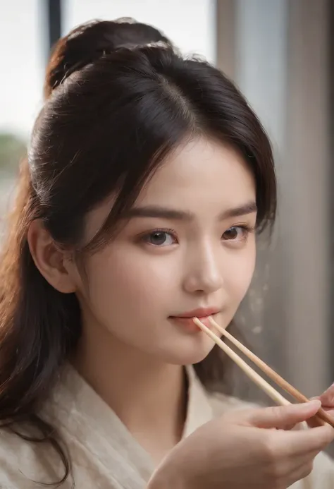 8K，Professional shadows、finedetail、realskin、foco nítido、Eye focus、tmasterpiece、top-quality、realistic detail、Sharp images、hentail realism、A high resolution、Smiling asian beauty eating noodles、age 22、Medium black hair，college girl、Holding chopsticks、Kind eye...