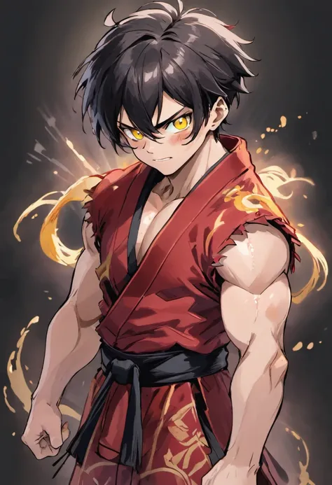 a cool，20代の男性，Manly black hair，short-haired，big earing，the whole body is covered with hairs，bodyhair，mustache，ape，Torn kimono，ripped clothing，tusk，yellow  eyes，sharp big eyes，Rampaging figure，battleing，furred，Muscular masterpieces、well-muscled，Disheveled c...