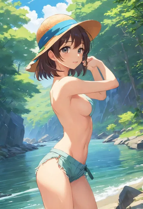 barechested、a Japanese cute girl，(((wearing hat:1.5))),great outdoors, plein air, Beautiful white feet and legs. River Fantasy，444 Hz, Beautiful, Breathtaking, Highly detailed, 8K, Use, affectionate, Ultra photo realsisim, Scenery,(((short detailed hair:1....