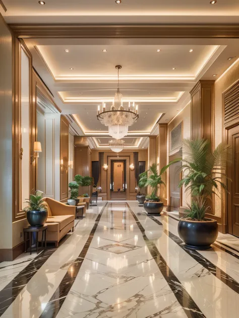 Spacious, quiet and welcoming hotel lobby，Marble decoration，Soft and soothing lighting softly illuminates the entire space，creating a serene and peaceful atmosphere，super wide shot