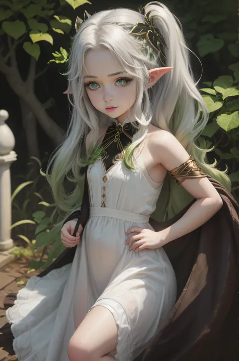 Adult girl standing and looking at the camera, pixie, elf ears, Beautiful elven ears, The girl is dressed in a Gothic dress, Long Dress, floor-length dress, pony tail, High-quality beautiful eyes, beatiful face, High Quality Face, dark sky, Thin, Wet waist...